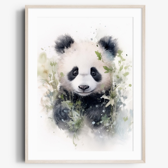 Other - Watercolor Panda Bear With Flowers Portrait Wall Art Illustration Print Unframed